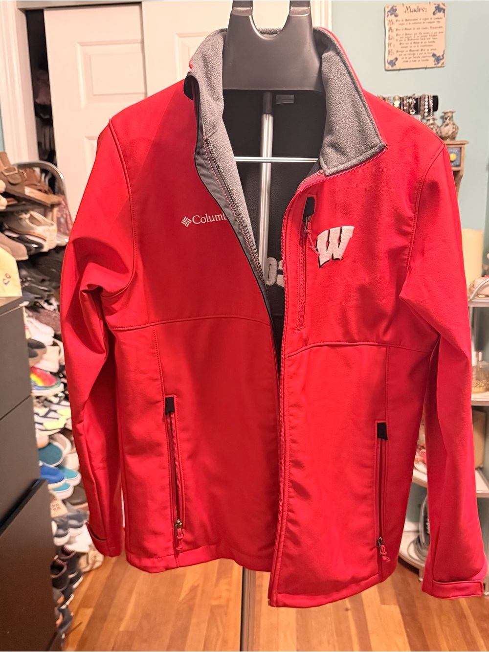 Columbia Men's Red Softshell Jacket with Grey Trim and Wisconsin W